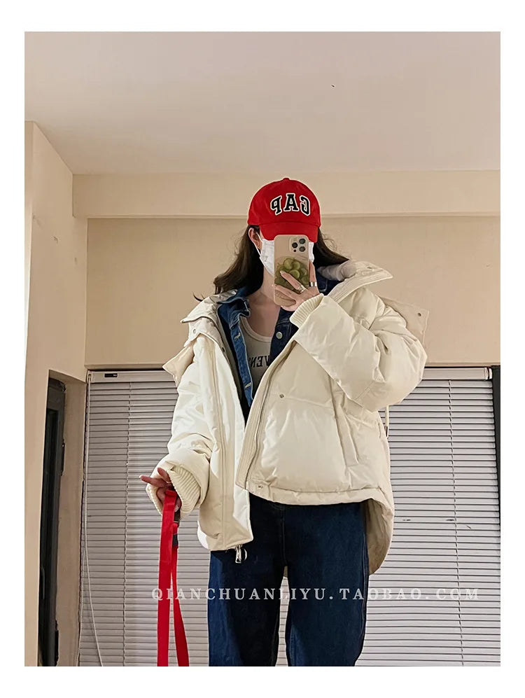 Women's Down Cotton Jacket Hooded Coat Winter Cotton Comfortable Thick Warm Love Embroidery Loose Jacket Snow Coat Clothing