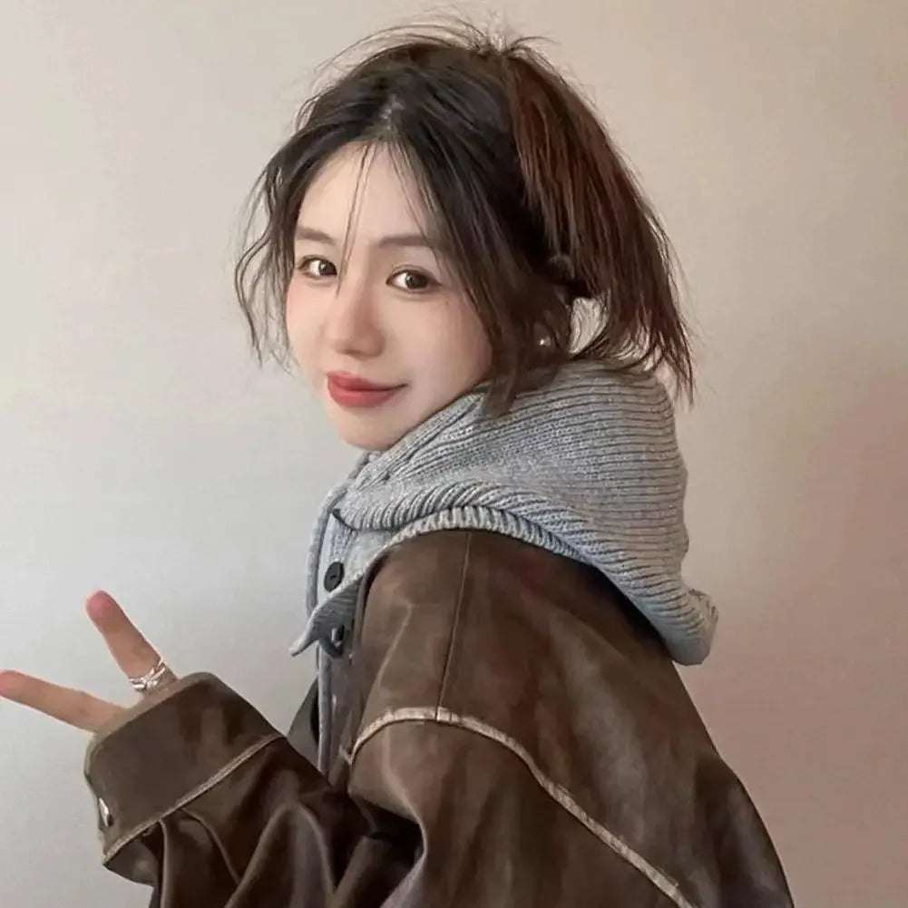 Winter Balaclava Hats for Women Unisex Knitted Hooded Caps Outdoor Warmer Drawstring Hat One-Piece Neck Collar Beanies Caps