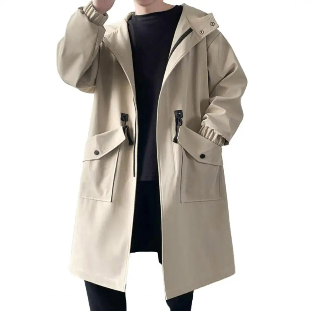 Long Trench Coat Jacket Men Autumn Spring Black Hip Hop Japanese Coats Streetwear Male Hooded Green Khaki Casual Jackets