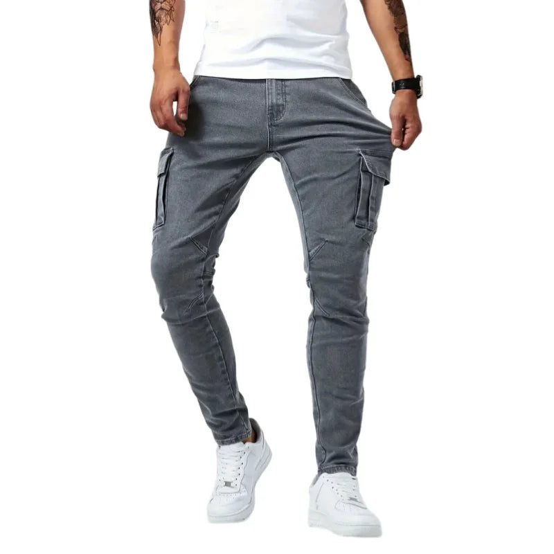Men Elastic Skinny Jeans Soild Denim Pants Slim Fit Casual Jeans Multi Pocket Cargo Pants Fashion Casual Trousers Man Clothing
