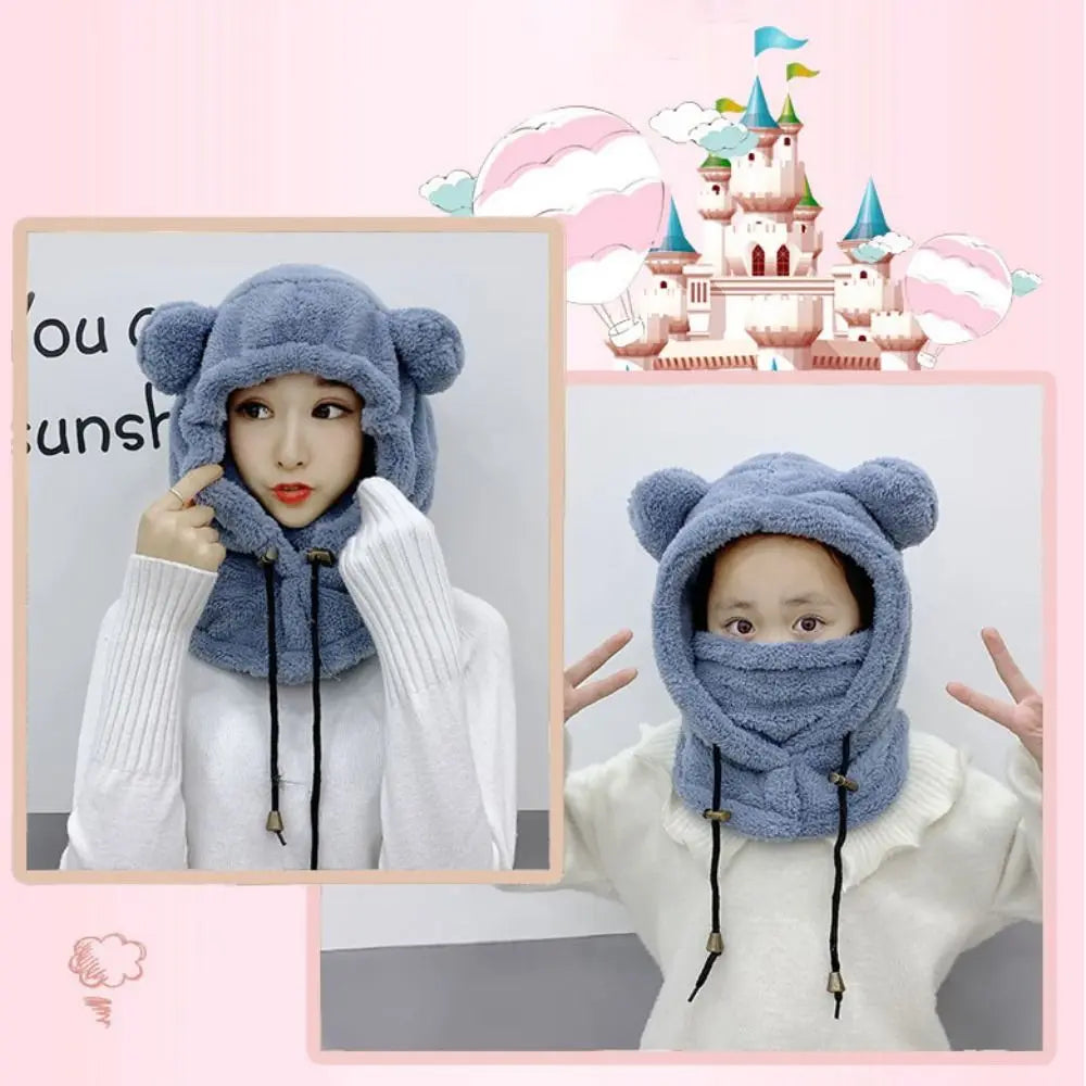 Cold Weather Windproof Winter Hats Balaclavas Mask  Bear Ear Hat Keep Warm Earflap Earmuff Women Girls