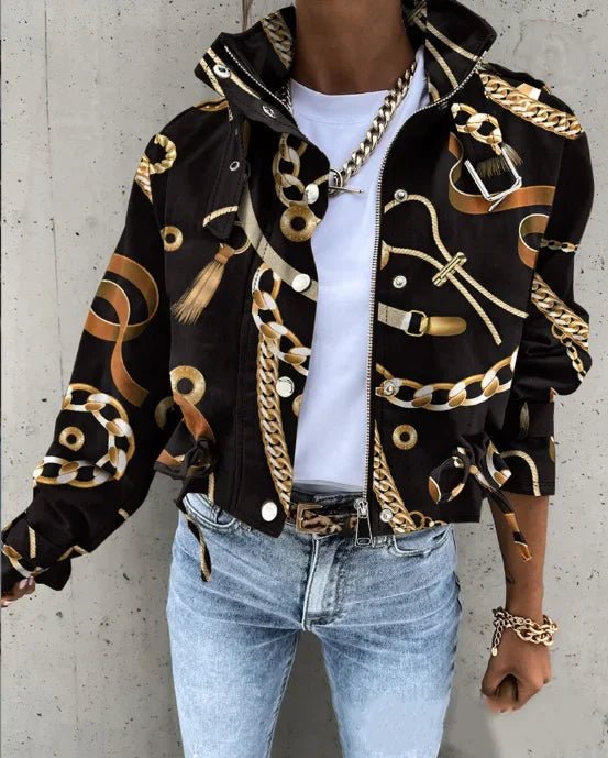 Jackets Women Coats Stand Collar Coat Zipper Print Y2k Tops Streetwear Casual Outerwear Single Breasted Spring Work Jacket