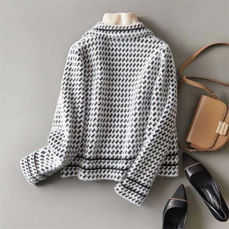 Jackets Women's Autumn Winter 2025 New Small Fragrance Short Coat Female Style Vintage Houndstooth Knitted Cardigan Outwear Tops
