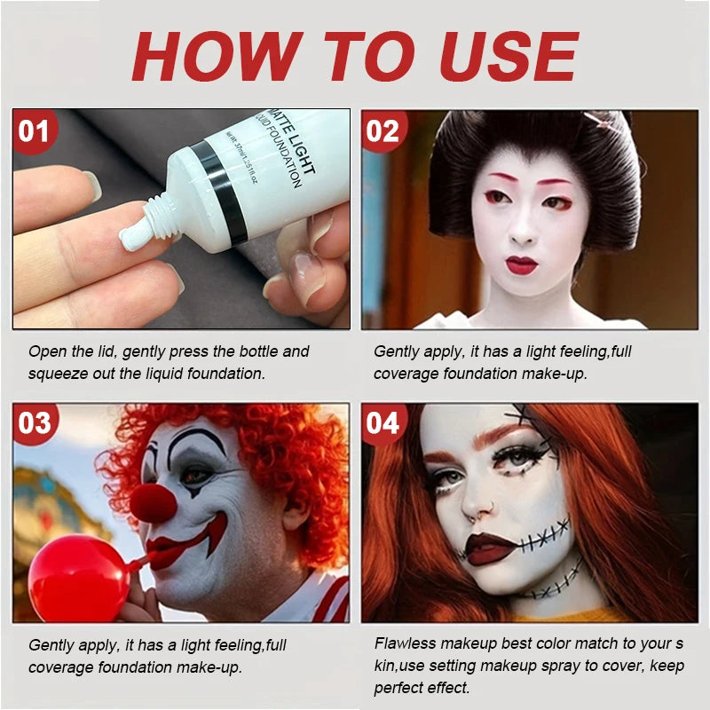 Halloween Dark Makeup Matte LipstickWhite Liquid Foundation Face Body Painting Base for Cosplay Mardi Gras Carnival Natural Look