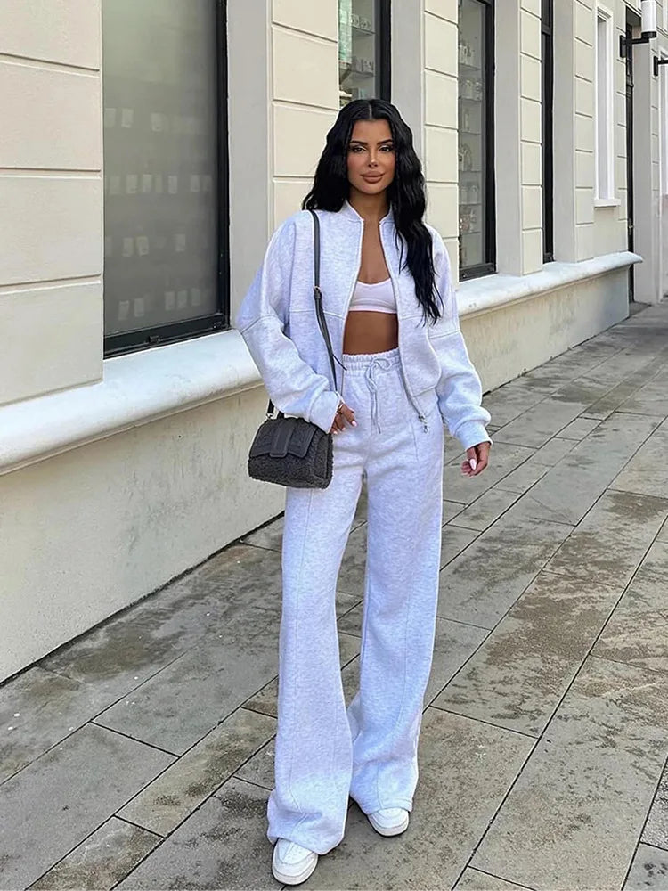 Women Sweatsuit Set Vintage O-neck Zipper Bomber Jackets High Waist Loose Pants Suit Female 2025 Spring Fashion Lady Sportswear
