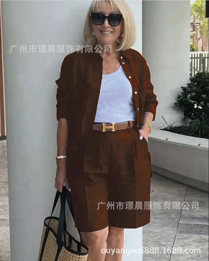 Casual Women Suit Long Sleeve Shirt + High Waist Crotch Pants Sets Two Piece Set Solid Women's Outfit Spring Autumn 2-piece Set