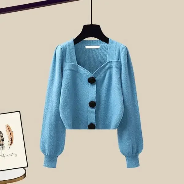 Autumn Winter Knitting Dresses Set Women High Street Slim Long Dress + Cardigan Female Outfits Elegant Sweater Two Piece Suit