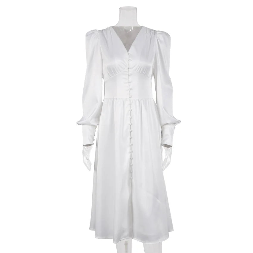 Autumn and Winter Women's Long Dress V-neck Satin Waist Retro Dresses for Women