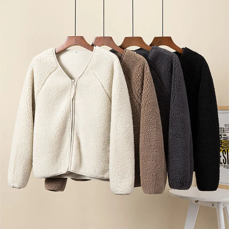 Women Lambswool Jackets 2025 Autumn Winter Thicken Warm Lady Long Sleeve V-neck Outrewear Solid Color Female Chic Zipper Coats