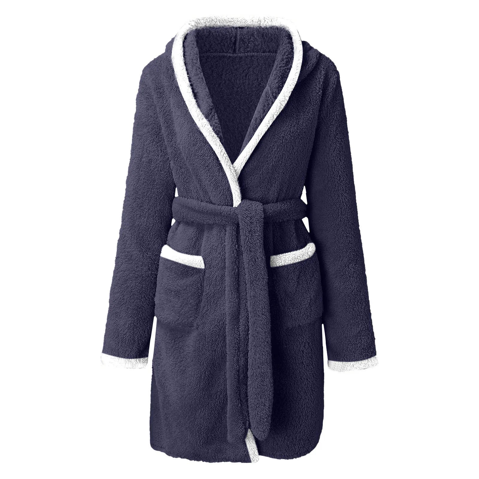 Women's Winter Casual Plush Robe Solid Color Matching Double Pocket Strappy Nightgown Fuzzy Bathrobe Coats Home Clothed Ladies