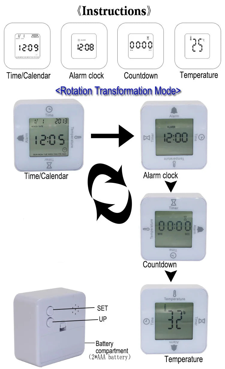 Electronic  Alarm Clock LCD Table Cube Digital with Calendar & Thermometer&Count Down Timer Bedside Battery Operated for Home