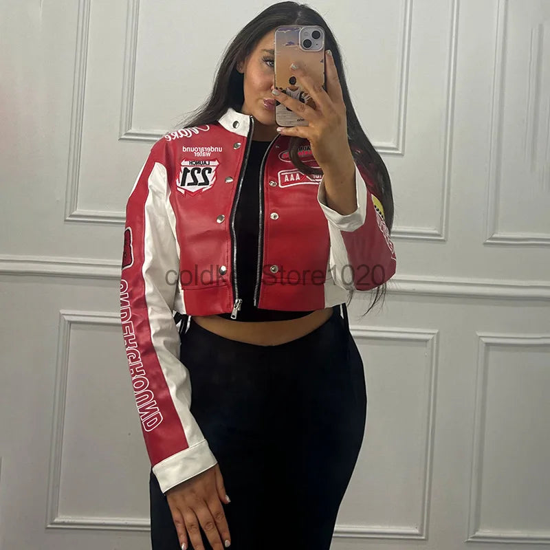 Women Fashion Hipster Pu Leather Jacket Y2K Letter Printed Hipster Motorcycle Jackets Spring Autumn Single-Breasted Casual Coat