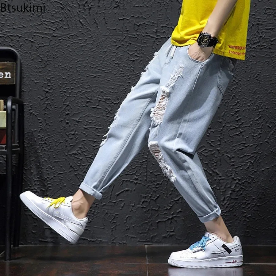 2025 Men's Summer Ripped Jeans Fashion Casual Streetwear Korean Style Baggy Broken Holes Trousers Denim Cropped Pants Oversized