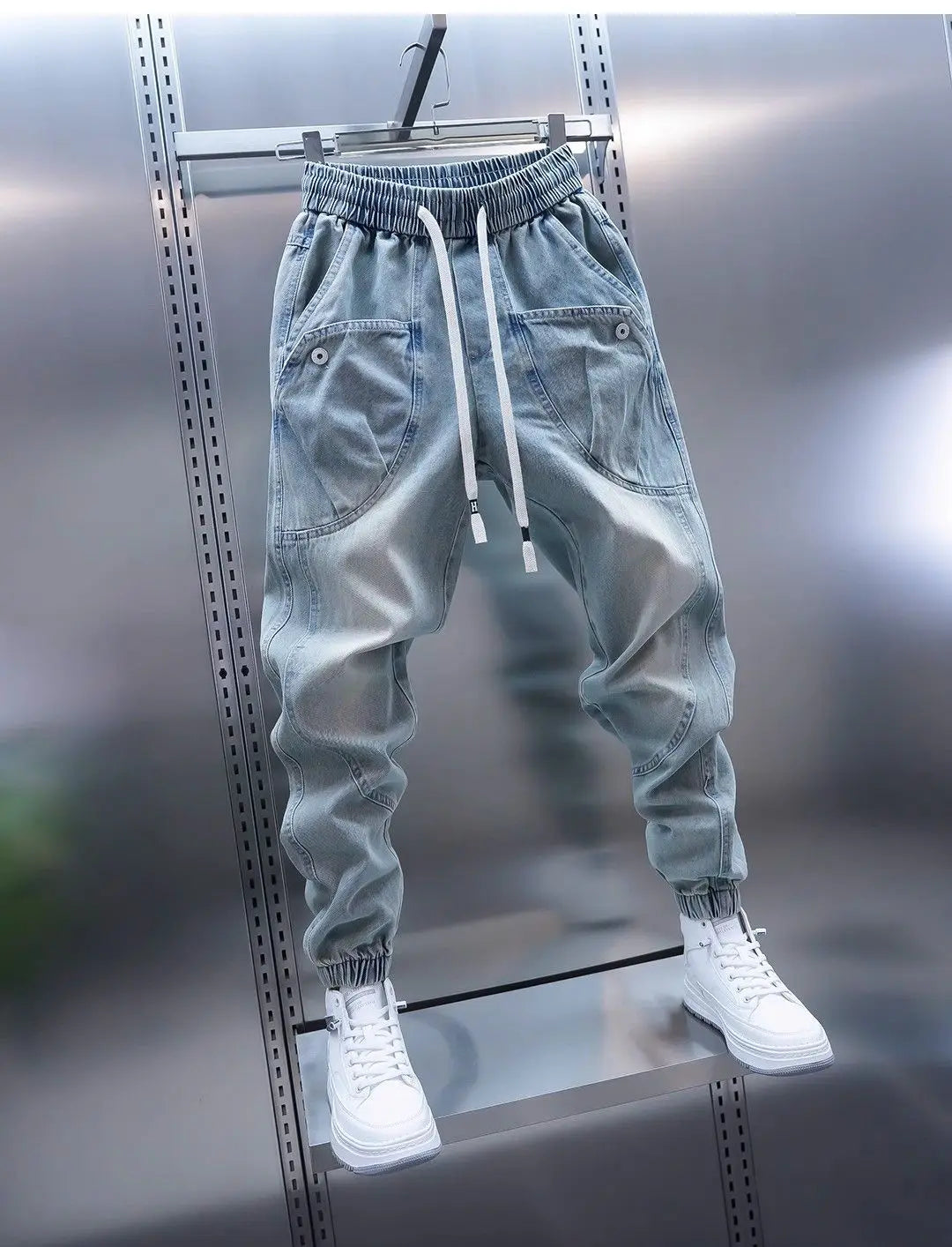 Waed Denim Jeans Men's Spring Autumn Large ket Harlan Casual Pants Blue Trendy Trousers Straight Leg Loose Fit Jeans