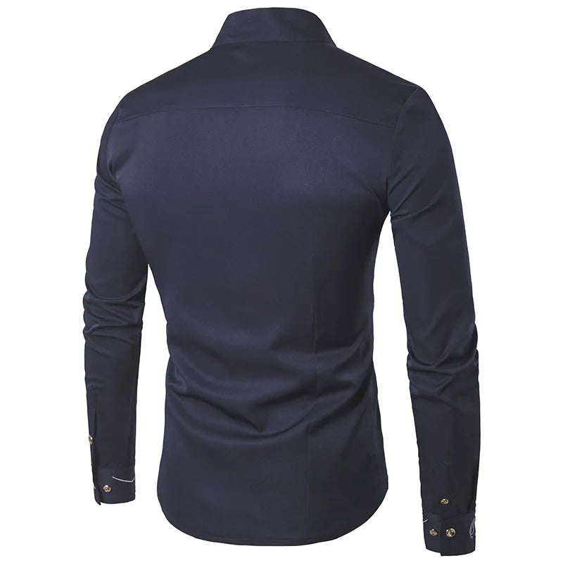 2025 Men's Oblique Button Dress Shirt High Quality Long Sleeve Slim Embroidery Shirts Men Stand Collar Business Wedding Camisas