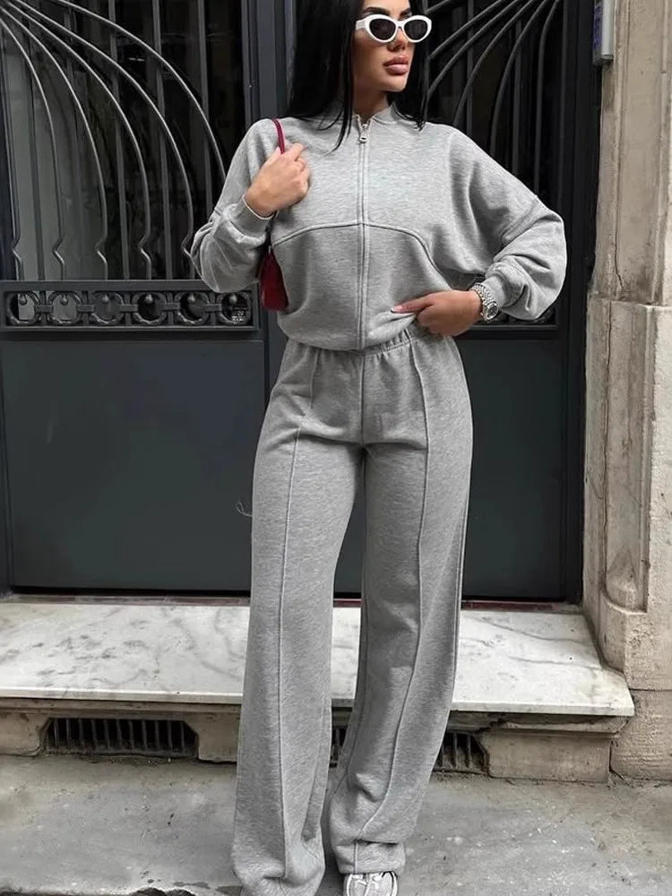 Women Sweatsuit Set Vintage O-neck Zipper Bomber Jackets High Waist Loose Pants Suit Female 2025 Spring Fashion Lady Sportswear