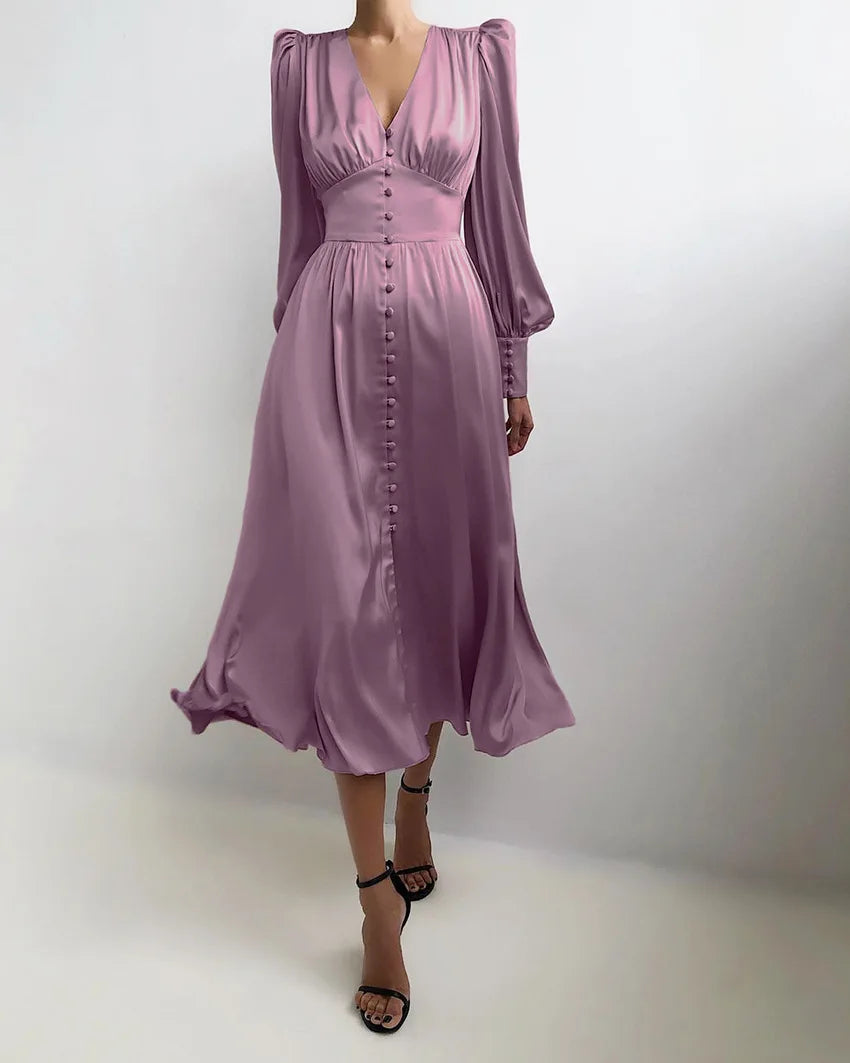 Autumn and Winter Women's Long Dress V-neck Satin Waist Retro Dresses for Women