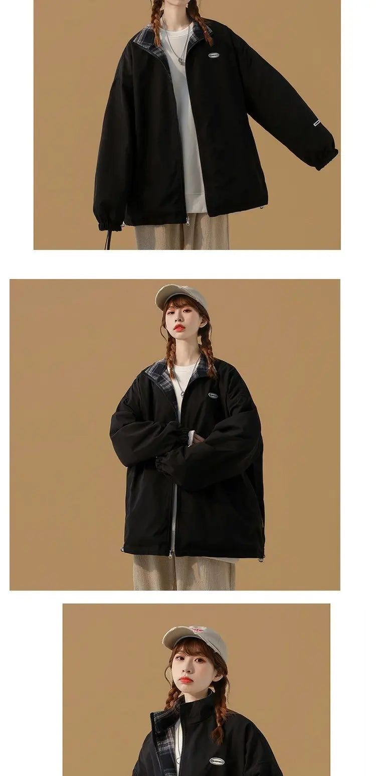 Bomber Jackets Women American Retro Chic High Street Casual Coats Reversible Turn-down Collar Fashion Newly Autumn Simple Loose