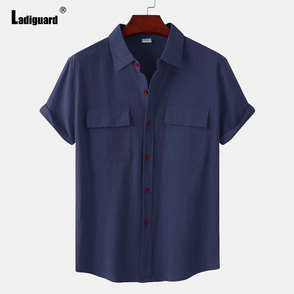 Men Short Sleeve Linen Shirts Clothing 2024 Summer Hot Black Soft Blouse Vintage Basic Overshirt Male Casual Stand Pocket Tops