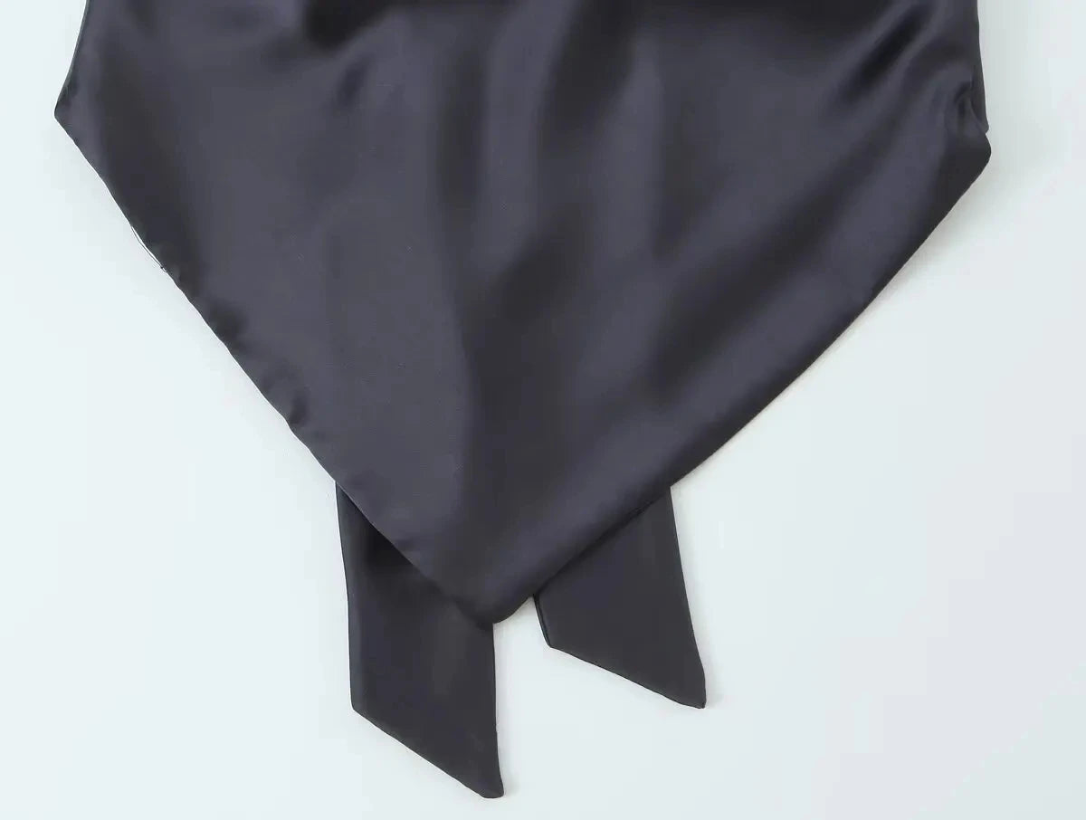 HH Elegant Solid Silk Texture Suit For Women Backless Lace Up Tube Top+High Waist Wide Leg Pants Women's Summer Fashion Set