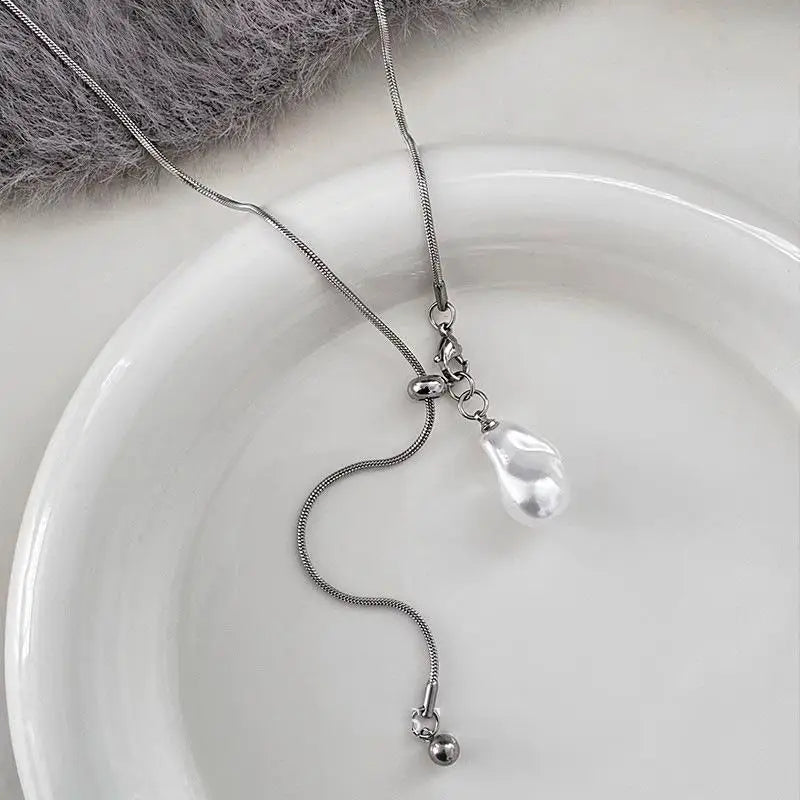 For Women Adjustable Chain Sweater Accessories Fashion Jewelry Stainless Steel Pearls Long With Baroque Pearls Necklace