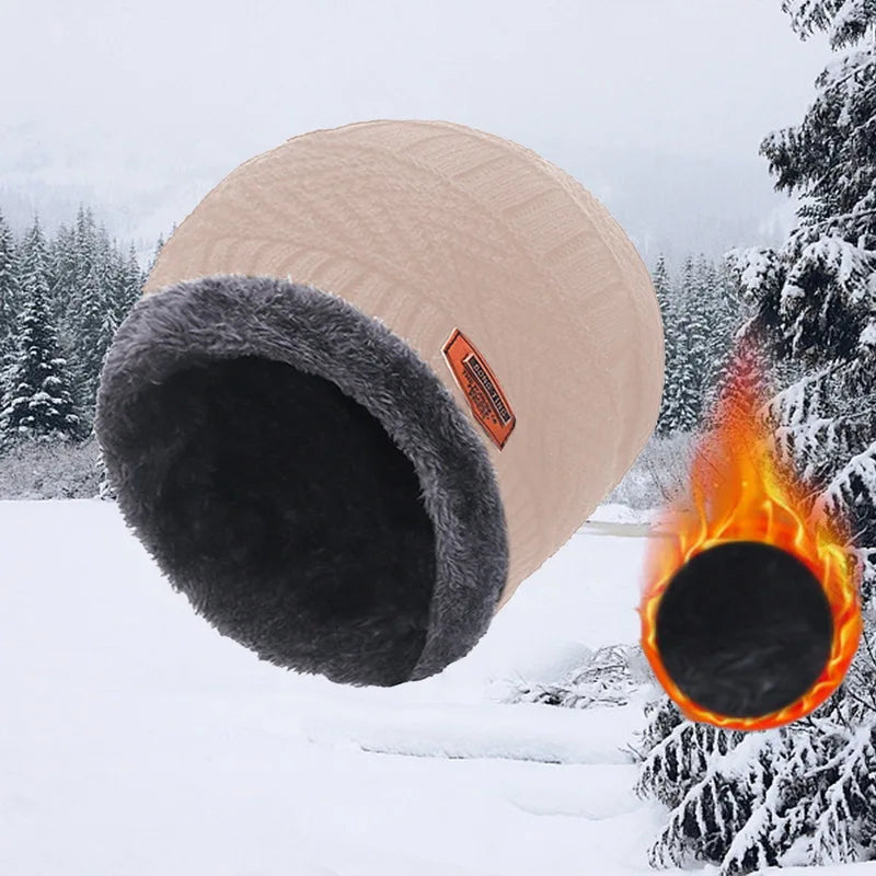 Winter Hat For Men Fleece Scarf Women Neck Leather Knitted Cap Thick Wool Neck Warmer Balaclava Ski Mask Skullies Beanies