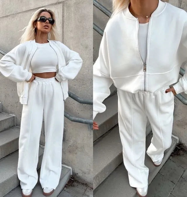 Women Sweatsuit Set Vintage O-neck Zipper Bomber Jackets High Waist Loose Pants Suit Female 2025 Spring Fashion Lady Sportswear