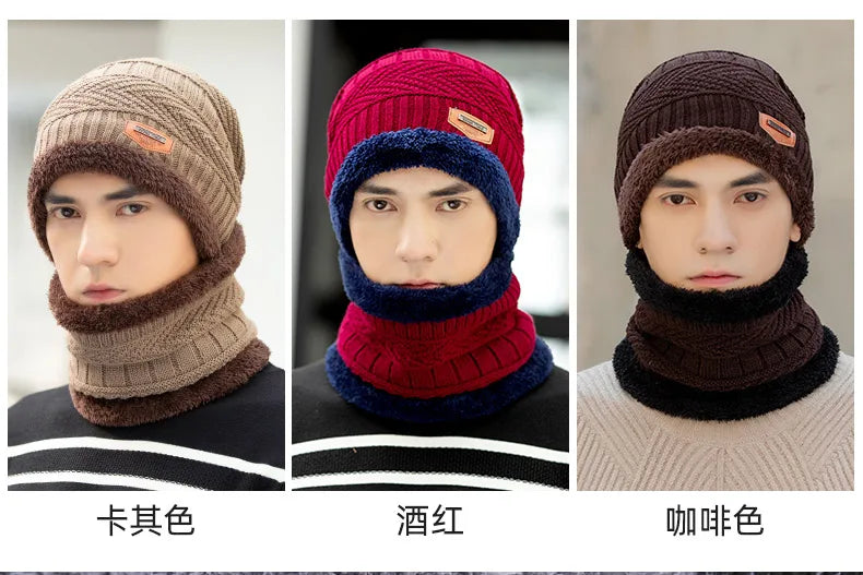Winter Hat For Men Fleece Scarf Women Neck Leather Knitted Cap Thick Wool Neck Warmer Balaclava Ski Mask Skullies Beanies