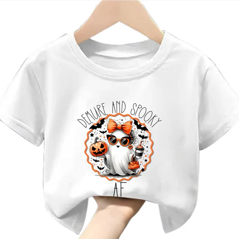 Halloween Print  A Stylish Children's T-shirt with A Printed Imagination Cartoon  Pattern Featuring A Round Neck