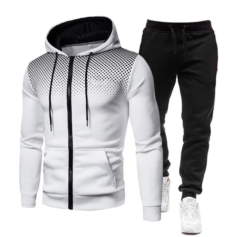 Men's Fashion Print Tracksuit  Zipper Hooded Sweatshirt & Sweatpants Casual Fitness Jogging Sports Two-Piece Suit