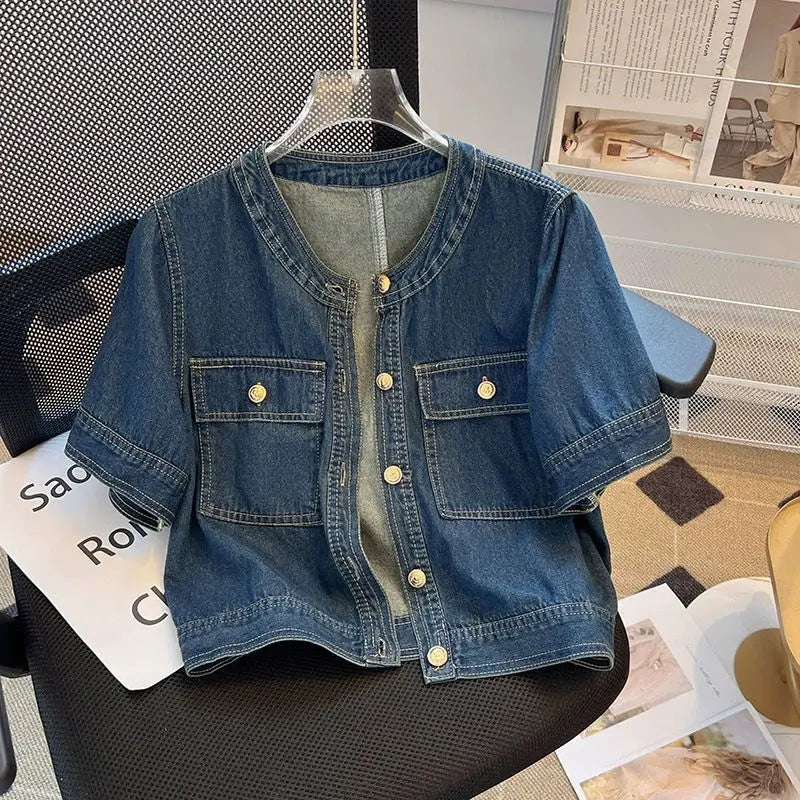 Streetwear Women's Denim Jackets Short Sleeve Summer Jean Jacket Outwear Ropa Mujer Fashion Retro Vintage Coat Cropped Tops