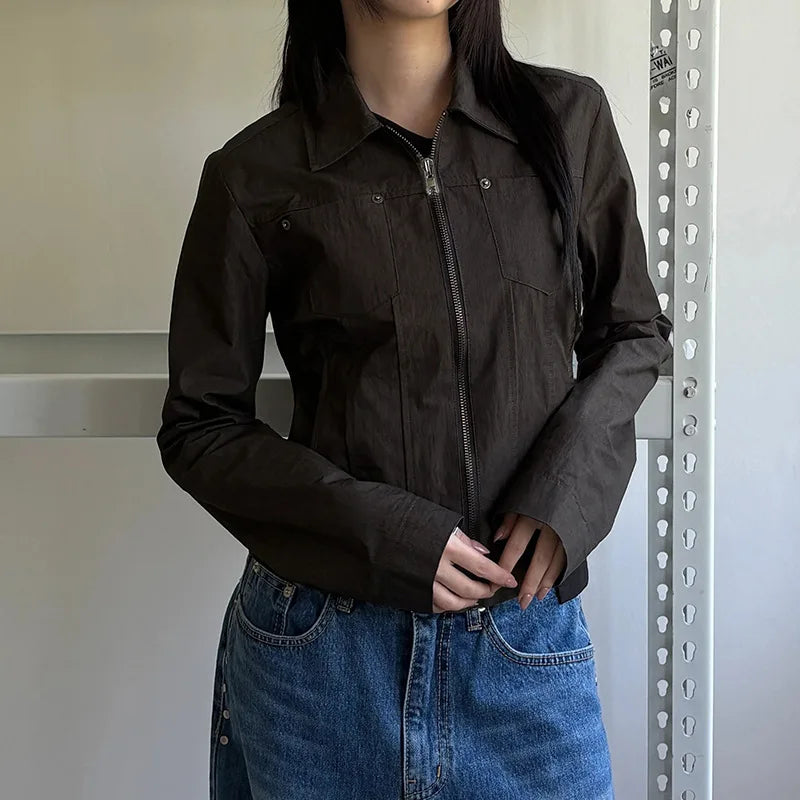 Women Jacket Pocketd Long Sleeve dCasual Zipper Coats Slim Fit Turn Down Collar Solid Outwear Elegant Lady Autumn