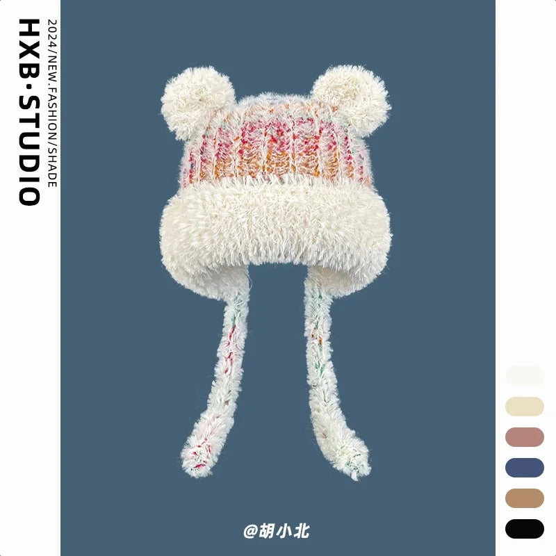 Winter Cute Cartoon Bear Ears Mixed Color Plush Pullover Hat Women Winter Warm Straps Ear Protectors Knitted Skull Beanie Cap