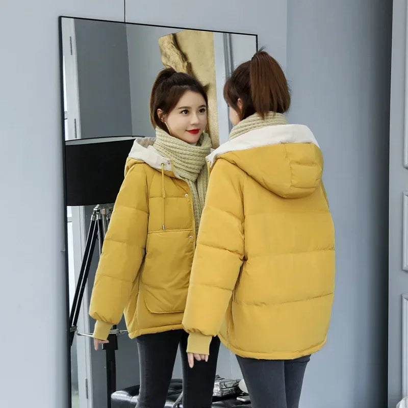 Women's Winter Jacket Cotton Padded Short Coat Ladies Students Long Sleeved Hooded Warm Outwear