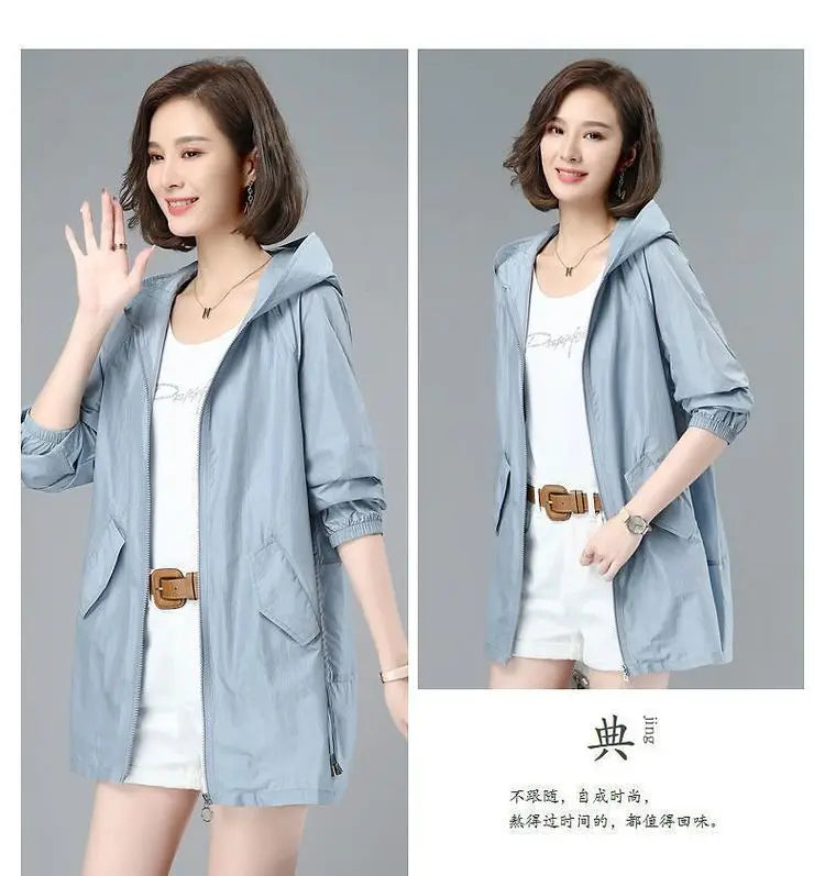 Women Thin Jacket New Sun UV-proof Hooded Coat Outdoor Long Sleeve Female 2023 Summer Windbreaker Casual Outerwear Top