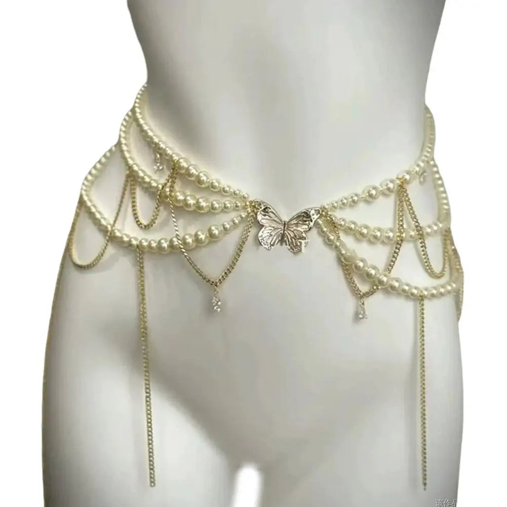 Fashion Y2K Retro Multilayer Pearl Waist Chain Belt For Women - Stylish Body Jewelry Accessories For Party & Casual Wear