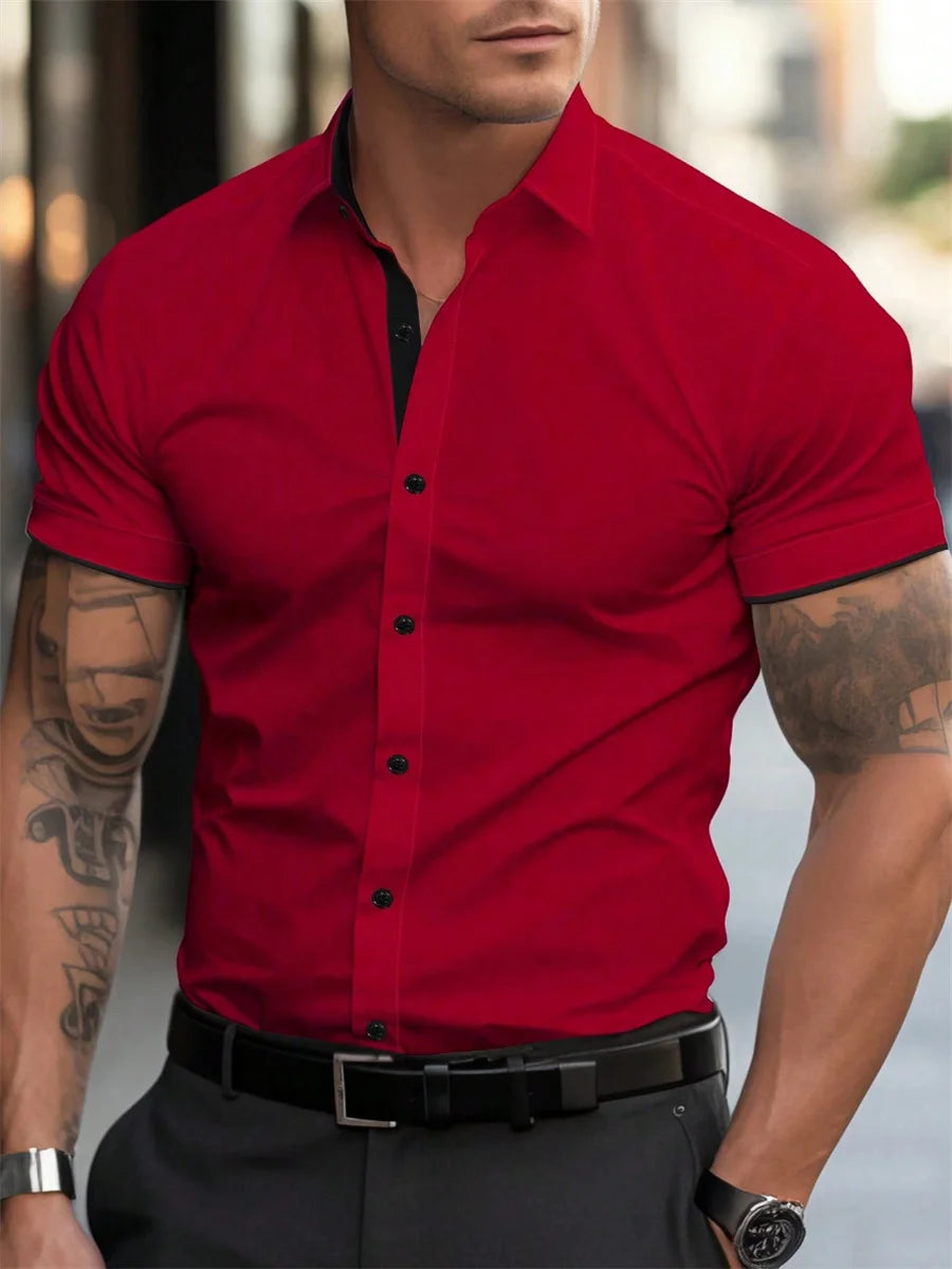 Men's short-sleeved shirts for casual daily wear. Large men's summer slim, light, elastic and iron-free business shirts