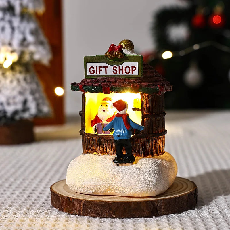 Christmas Decorations Resin Miniature LED Lights Small House Landscape Santa Claus Christmas Figurines Home Table Decor Items