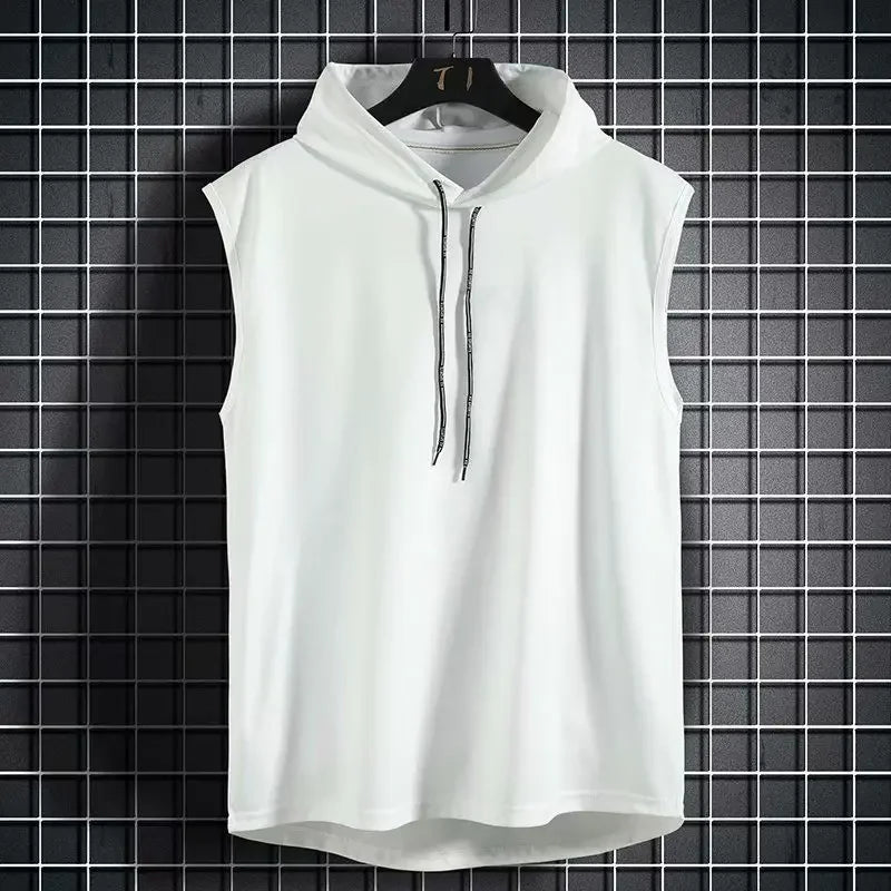 Men Tie Collar Hooded Sleeveless Vests Male Summer Loose Solid Hip Hop Tee Shirt Tops