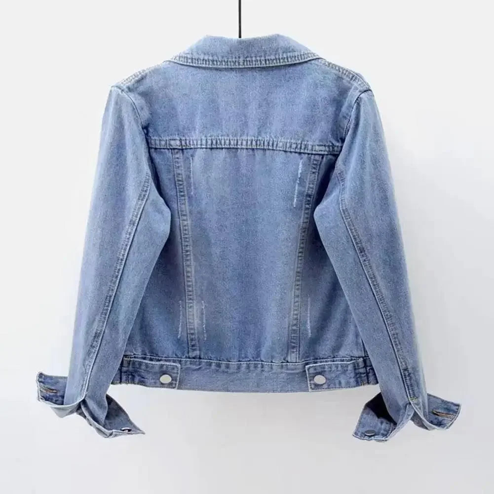 Women Denim Jacket Single-breasted Chest Flap Pocket Jacket Long Sleeve Slim Short Coat Retro Ladies Denim Jackets Outerwear