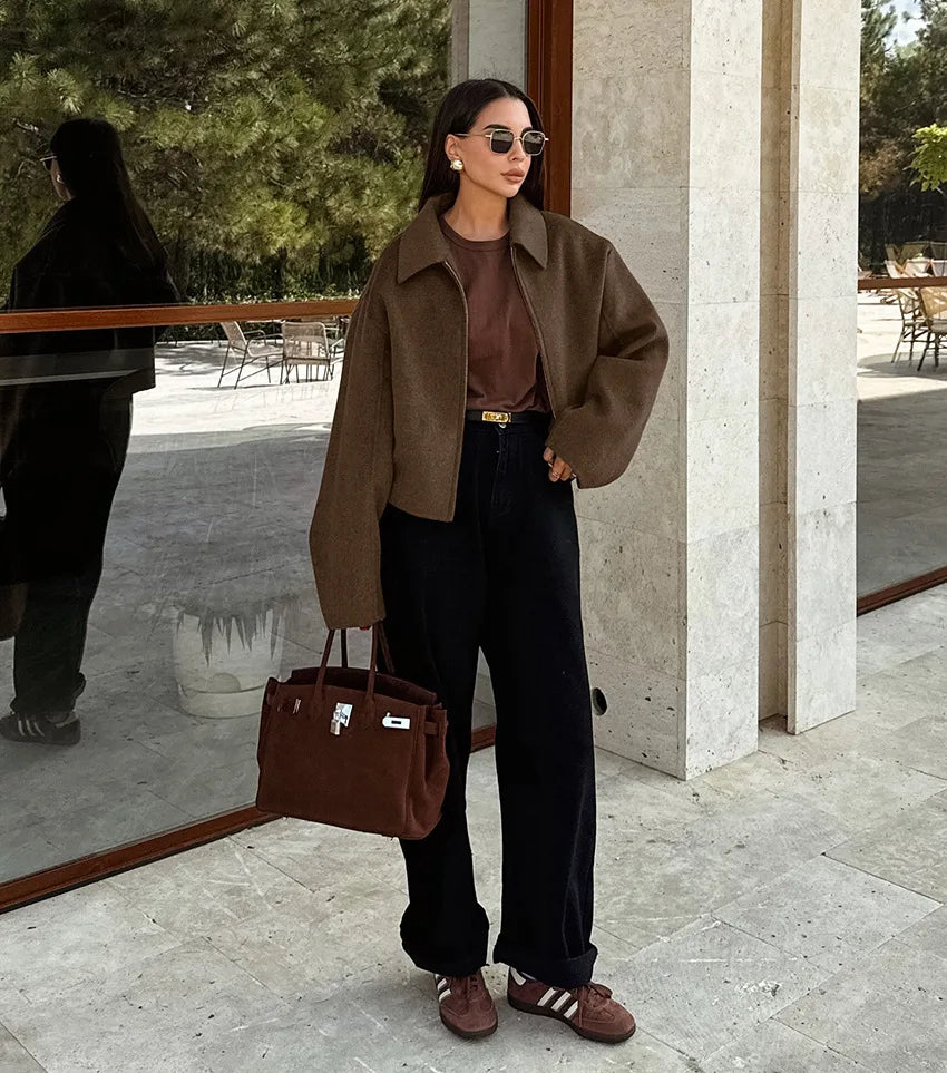 Women's Brown Wool Zipper Jacket for Autumn and Winter-Longsleeved Lapel Short Coat-Fashionable Casual Street Commuter Outerwear