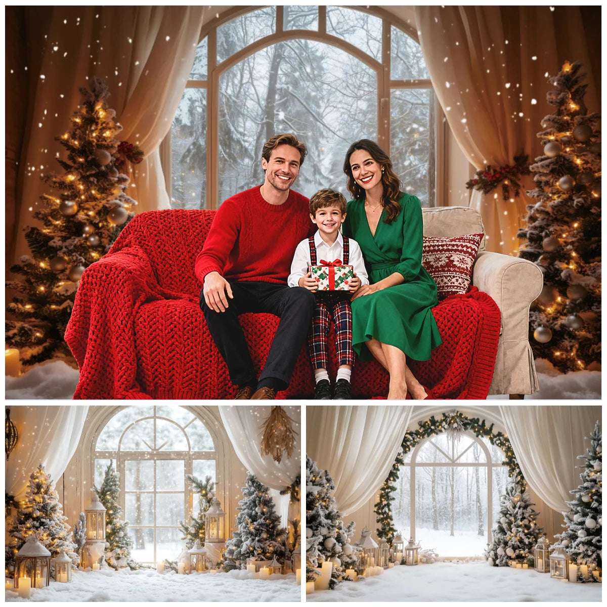 Christmas Decorations Backgrounds for Photographs White Curtain Window Xmas Tree Indoor Decor Family Portrait Photo Backdrops