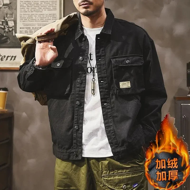 High end work jacket, men's spring and autumn trendy brand, loose American retro lapel jacket, casual and handsome denim jacket