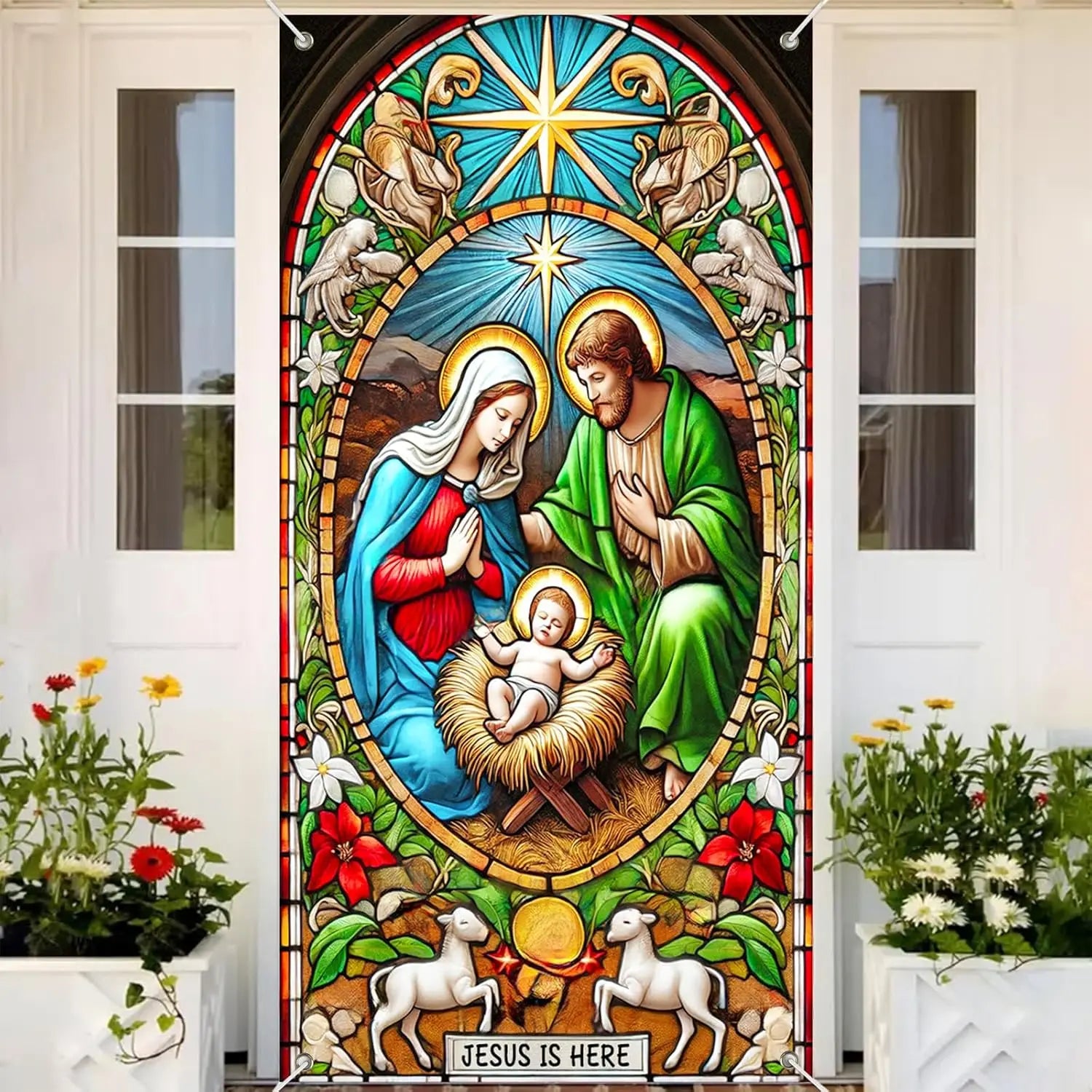 Christmas door banner, winter festival Nativity scene decoration, home decoration, festival front door hanging, party background