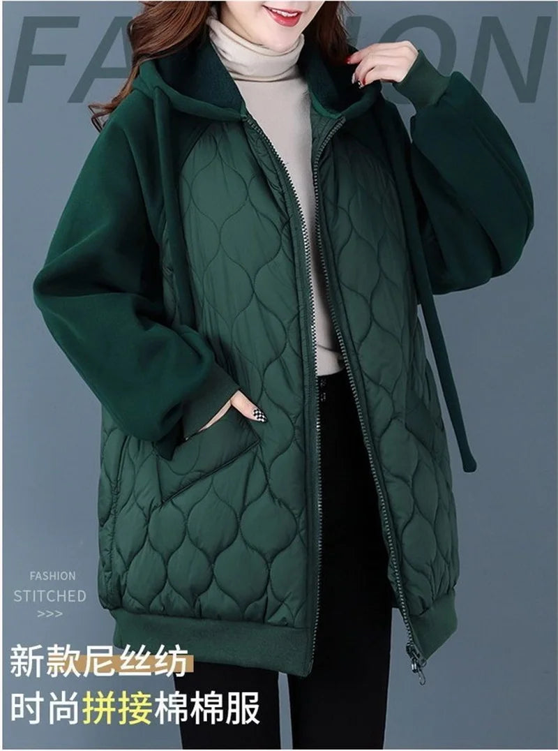 Autumn/Winter Jacket Women Hooded Splice Down Cotton Coat 2023 European Station Large Size Loose Cotton Jacket Female Outerwear