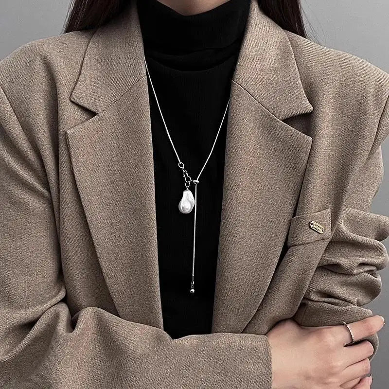For Women Adjustable Chain Sweater Accessories Fashion Jewelry Stainless Steel Pearls Long With Baroque Pearls Necklace