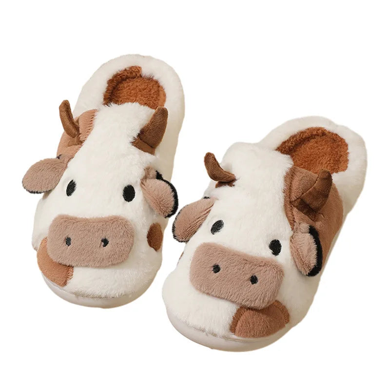 Winter Home Slippers for Couples Warm Plush Neutral Cartoon Cow Indoor Anti Slip Comfortable Cotton Slippers for Men and Women
