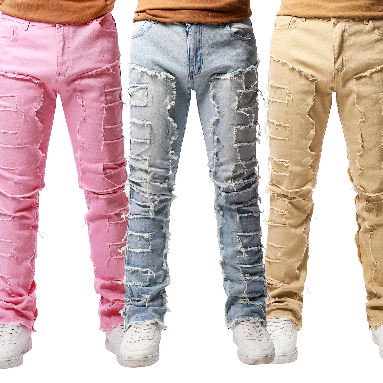 New Fashion Stretch Jeans Man Stacked Jeans Elastic Waist Straight Fit Patchworks Denim Long Pants Fringe Ripped Jeans For Men