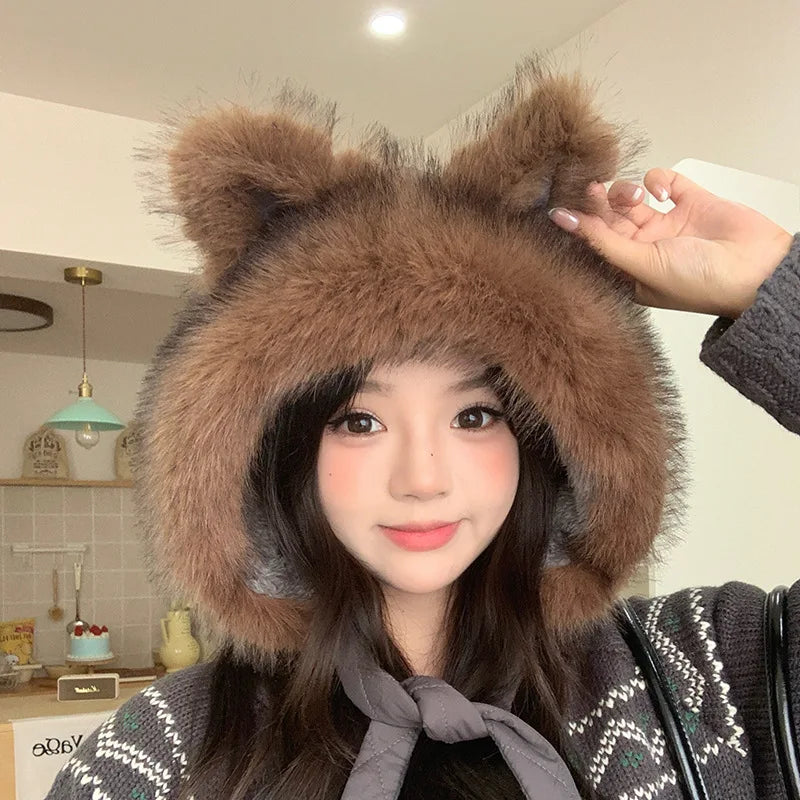 Winter Hat Thicken Ski Beanie Hat for Women Balaclava Spicy Girl Style Cat Girlfriend Hat Outdoor  Warm Protection Accessories