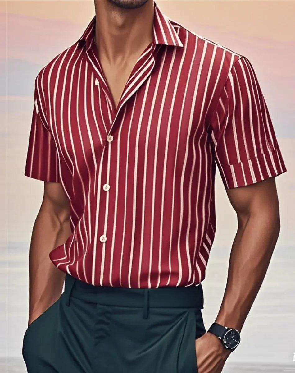 Men's fashion striped shirt, elegant casual comfortable breathable, short sleeves, lapel buttons, soft and comfortable material
